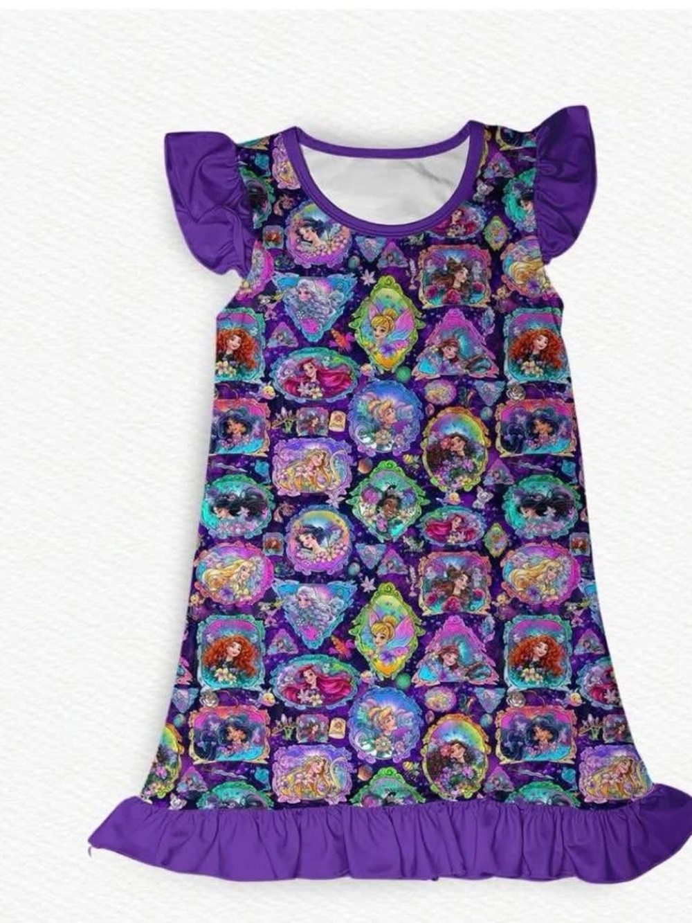 Girls Bamboo Purple Princess Print Ruffle Nightgown - Sleeveless Pajama Dress